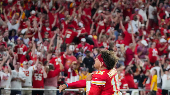 Sep 5, 2024; Kansas City, Missouri, USA; Kansas City Chiefs quarterback Patrick Mahomes (15) celebrates toward fans after the win over the Baltimore Ravens at GEHA Field at Arrowhead Stadium. Mandatory Credit: Denny Medley-Imagn Images