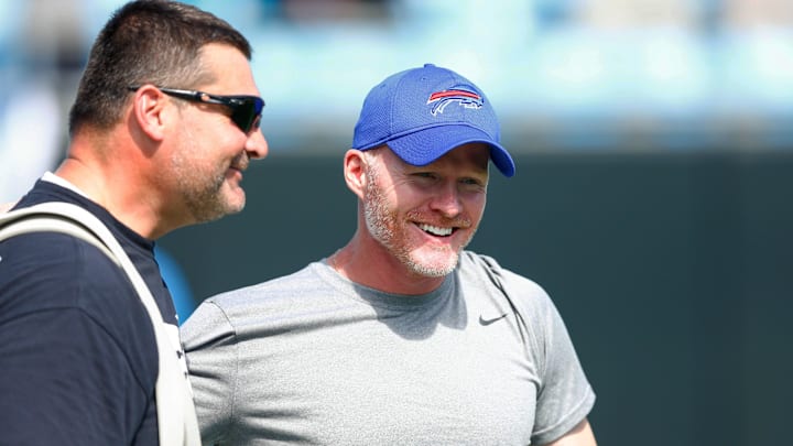 Sep 17, 2017; Charlotte, NC, USA; Buffalo Bills head coach Sean McDermott talks with Carolina Panthers strength and conditioning coach Joe Kenn. Sep 17, 2017; Charlotte, NC, USA; Buffalo Bills head coach Sean McDermott talks with Carolina Panthers strength and conditioning coach Joe Kenn.