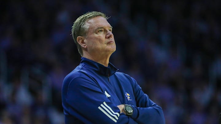 Feb 8, 2025; Manhattan, Kansas, USA; Kansas Jayhawks head coach Bill Self watches his team during the second half against the Kansas State Wildcats at Bramlage Coliseum. Mandatory Credit: Scott Sewell-Imagn Images