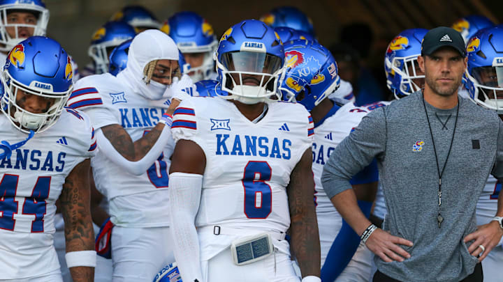 Oct 26, 2024; Manhattan, Kansas, USA; Kansas Jayhawks quarterback Jalon Daniels (6) waits to take the field before the start of a game against the Kansas State Wildcats at Bill Snyder Family Football Stadium. Mandatory Credit: Scott Sewell-Imagn Images