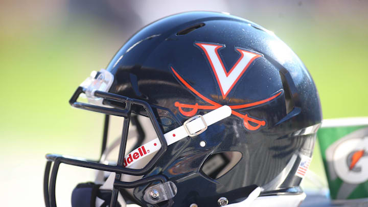 Oct 10, 2015; Pittsburgh, PA, USA; A Virginia Cavaliers helmet sits on the sidelines against the Pittsburgh Panthers during the third quarter at Heinz Field. PITT won 26-19. Mandatory Credit: Charles LeClaire-Imagn Images