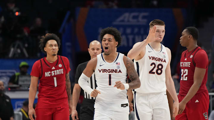 Mar 12, 2026; Charlotte, NC, USA; Virginia Cavaliers guard Malik Thomas (1) reacts late in the second half at Spectrum Center. Mandatory Credit: Bob Donnan-Imagn Images