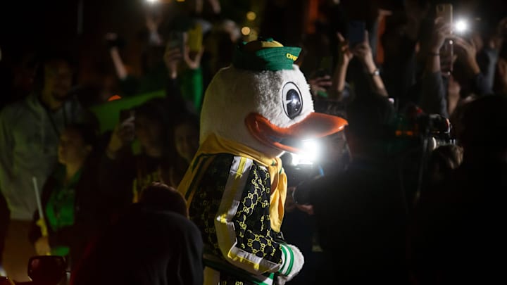 The Duck arrives during ESPN’s “College GameDay” Saturday, Oct. 12, 2024 on the campus of the University of Oregon in Eugene, Ore.
