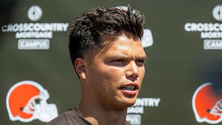 May 10, 2025; Berea, OH, USA; Cleveland Browns quarterback Dillon Gabriel (5) talks to the media during rookie minicamp at CrossCountry Mortgage Campus. Mandatory Credit: Ken Blaze-Imagn Images
