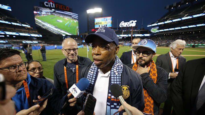 Apr 15, 2023; Queens, New York, USA; New York City mayor Eric Adams speaks to the media before a match between New York City FC and Nashville SC at Citi Field.