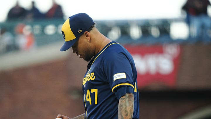 Milwaukee Brewers starting pitcher Frankie Montas (47) between pitches against the San Francisco Giants during the first inning at Oracle Park on Sept 12.
