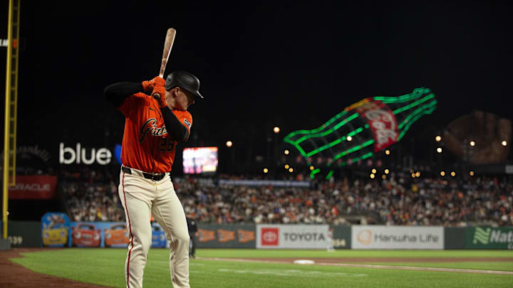 Sep 27, 2024; San Francisco, California, USA; San Francisco Giants third baseman Matt Chapman (26) awaits his turn at bat against the St. Louis Cardinals during the first inning at Oracle Park. 