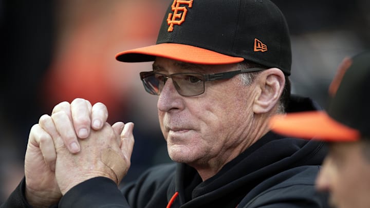 Apr 25, 2025; San Francisco, California, USA; San Francisco Giants manager Bob Melvin (6) watches his team take on the Texas Rangers during the first inning at Oracle Park. Apr 25, 2025; San Francisco, California, USA; San Francisco Giants manager Bob Melvin (6) watches his team take on the Texas Rangers during the first inning at Oracle Park.