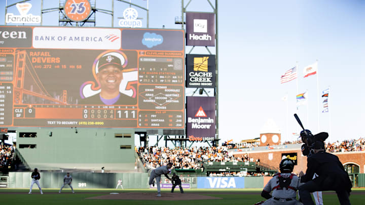 Jun 17, 2025; San Francisco, California, USA; San Francisco Giants designated hitter Rafael Devers (16) takes his first at bat against Cleveland Guardians starting pitcher Slade Cecconi (44) during the first inning at Oracle Park.