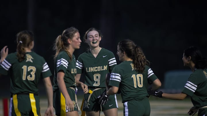 Lincoln flag football hosted Chiles at Lincoln High School on Tuesday, April 2, 2024, the Trojans won 14-13.