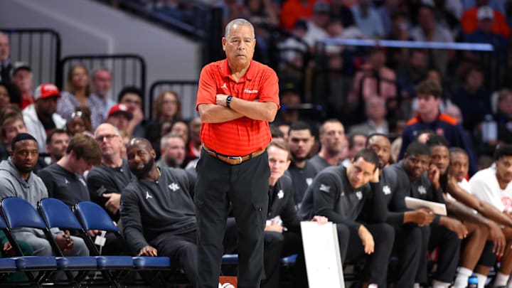 Nov 16, 2025; Birmingham, Alabama, USA; Houston Cougars head coach Kelvin Sampson paces the sideline during the first half against the Auburn Tigers at Legacy Arena at BJCC. Mandatory Credit: David Leong-Imagn Images