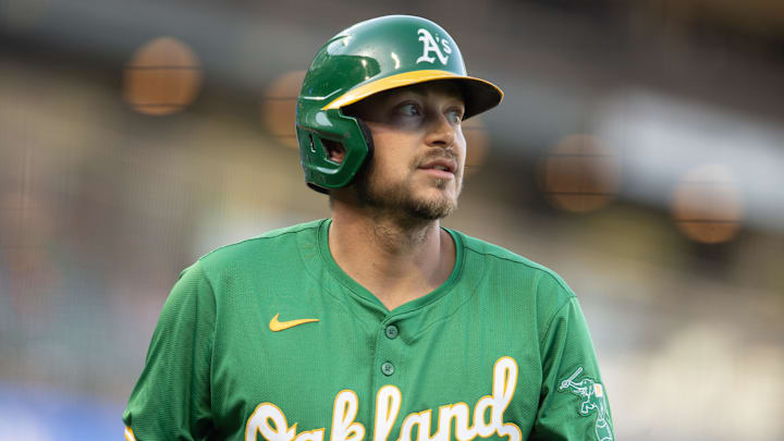 Mar 26, 2024; San Francisco, California, USA; Oakland Athletics first baseman Ryan Noda (49) reacts to striking out against the San Francisco Giants during the first inning at Oracle Park. Mandatory Credit: D. Ross Cameron-Imagn Images