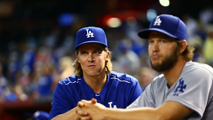 Los Angeles Dodgers pitcher Clayton Kershaw (right) and Zack Greinke against the Arizona Diamondbacks at Chase Field. 
