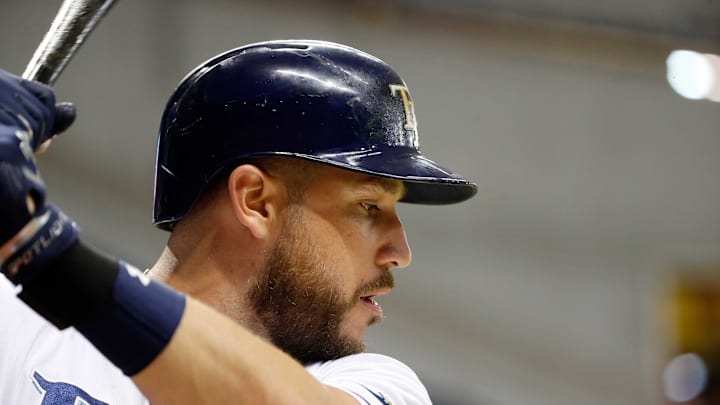 Tampa Bay Rays third baseman Trevor Plouffe (14) on deck to bat against the Boston Red Sox at Tropicana Field in 2017.