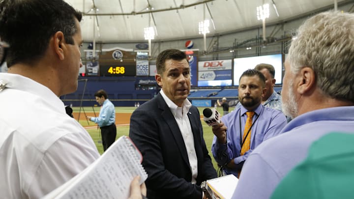 MLB vice president of social responsibility and inclusion Billy Bean talks with media prior to the game against the Tampa Bay Rays and San Francisco Giants  at Tropicana Field on June 17, 2016.