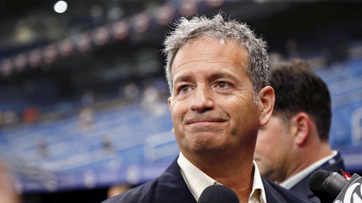 Tampa Bay Rays owner Stuart Sternberg talks with media prior to opening day against the Houston Astros at Tropicana Field. Mandatory Credit: Kim Klement-Imagn Images Tampa Bay Rays owner Stuart Sternberg talks with media prior to opening day against the Houston Astros at Tropicana Field. Mandatory Credit: Kim Klement-Imagn Images