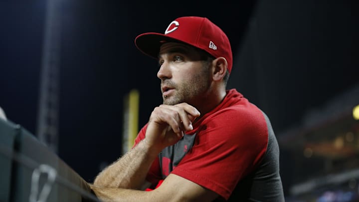 Injured Cincinnati Reds first baseman Joey Votto watches from the dugout in the seventh inning of the MLB National League game between the Cincinnati Reds and the San Diego Padres at Great American Ball Park in downtown Cincinnati on Monday, Aug. 19, 2019. The Padres won the series opener 3-2. Injured Cincinnati Reds first baseman Joey Votto watches from the dugout in the seventh inning of the MLB National League game between the Cincinnati Reds and the San Diego Padres at Great American Ball Park in downtown Cincinnati on Monday, Aug. 19, 2019. The Padres won the series opener 3-2.