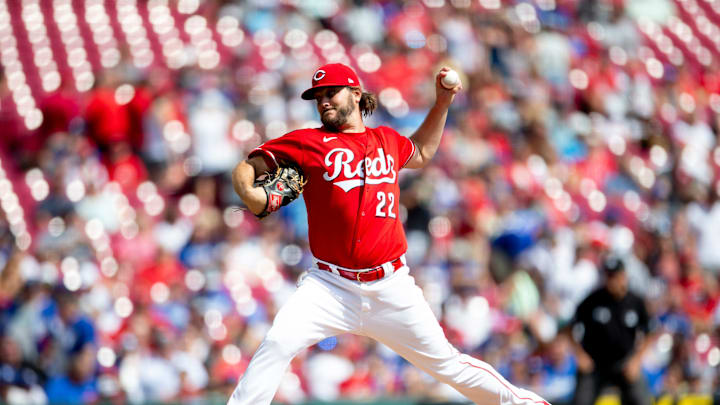 Cincinnati Reds starting pitcher Wade Miley (22) throws a pitch in the first inning of the MLB baseball game between the Cincinnati Reds and the Los Angeles Dodgers on Sunday, Sept. 19, 2021, at Great American Ball Park in Cincinnati.
Los Angeles Dodgers At Cincinnati Reds Cincinnati Reds starting pitcher Wade Miley (22) throws a pitch in the first inning of the MLB baseball game between the Cincinnati Reds and the Los Angeles Dodgers on Sunday, Sept. 19, 2021, at Great American Ball Park in Cincinnati.
Los Angeles Dodgers At Cincinnati Reds