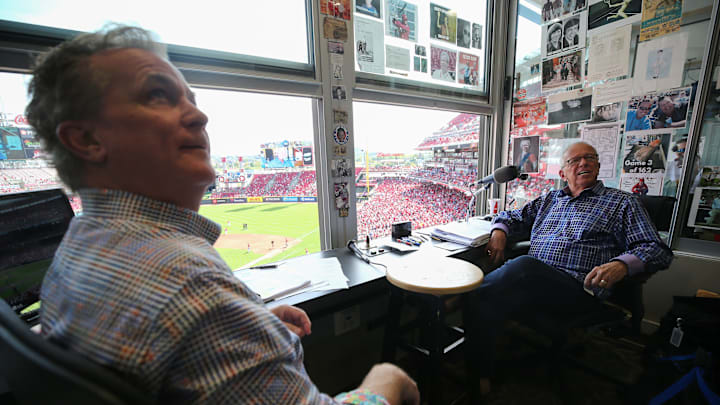 Cincinnati Reds Hall of Fame broadcaster Marty Brennaman talks with color analyst Jeff Brantley on his last day before he retires after 46 years in the booth, Thursday, Sept. 26, 2019, at Great American Ball Park in Cincinnati.
Marty Brennaman S Last Day Sept 26 Cincinnati Reds Hall of Fame broadcaster Marty Brennaman talks with color analyst Jeff Brantley on his last day before he retires after 46 years in the booth, Thursday, Sept. 26, 2019, at Great American Ball Park in Cincinnati.
Marty Brennaman S Last Day Sept 26