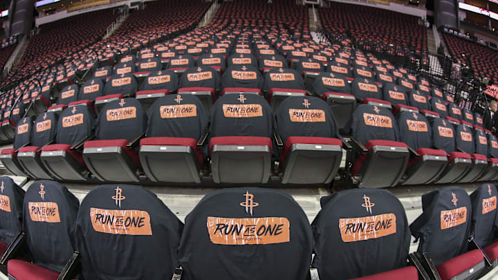 Apr 15, 2018; Houston, TX, USA; General view of shirts on the seats of Toyota Center before game one of the first round of the 2018 NBA Playoffs between the Houston Rockets and the Minnesota Timberwolves. Mandatory Credit: Troy Taormina-Imagn Images