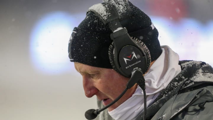 Nov 25, 2023; Manhattan, Kansas, USA; Kansas State Wildcats head coach Chris Klieman looks at the ground late in a game against the Iowa State Cyclones at Bill Snyder Family Football Stadium. Mandatory Credit: Scott Sewell-USA TODAY Sports