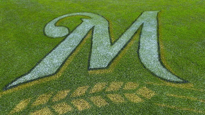 May 5, 2013; Milwaukee, WI, USA;  The Milwaukee Brewers logo on the field behind home plate prior to the game against the St. Louis Cardinals at Miller Park.  Mandatory Credit: Jeff Hanisch-Imagn Images