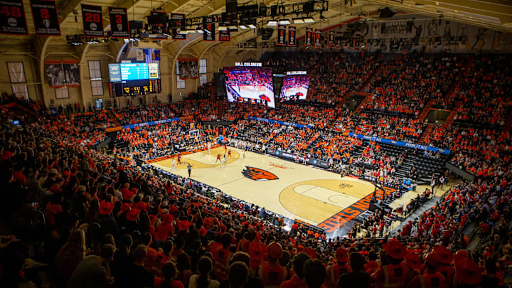 Fans fill Gill Coliseum as the Oregon State Beavers host Eastern Washington in the first round of the NCAA Tournament Friday, March 22, 2024, in Corvallis, Ore.