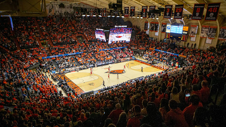 Fans fill Gill Coliseum as the Oregon State Beavers take on the Nebraska Huskers in the second round of the NCAA Tournament Sunday, March 24, 2024, in Corvallis, Ore. Fans fill Gill Coliseum as the Oregon State Beavers take on the Nebraska Huskers in the second round of the NCAA Tournament Sunday, March 24, 2024, in Corvallis, Ore.