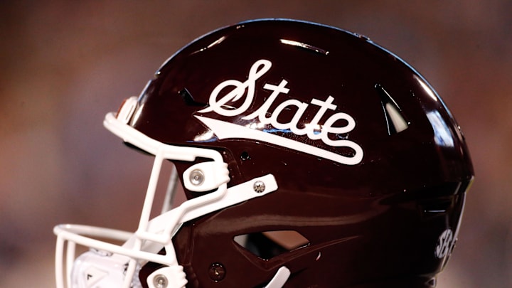 Nov 23, 2023; Starkville, Mississippi, USA; A Mississippi State Bulldogs helmet sits on the