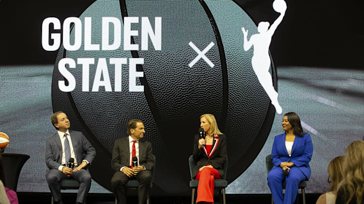 WNBA commissioner Cathy Engelbert speaks to the media during a press conference to announce an expansion WNBA franchise in the San Francisco Bay Area at Chase Center. She was joined Golden State Warriors co-executive directors Joe Lacob and Peter Guber and San Francisco mayor London Breed. 