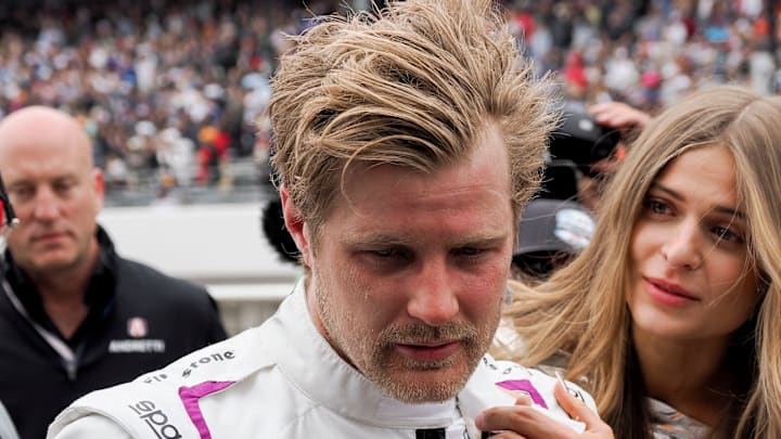 Marcus Ericsson reacts after his second-place Indy 500 finish.