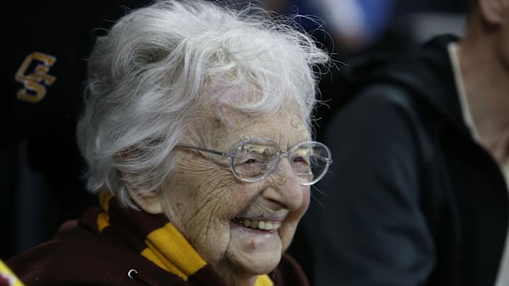 Sister Jean watches a game between the Loyola Ramblers and the Ohio State Buckeyes during the first round of the 2022 NCAA tournament at PPG Paints Arena. 