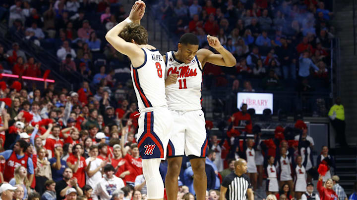Jan 11, 2025; Oxford, Mississippi, USA; Mississippi Rebels guard Matthew Murrell (11) reacts with guard Eduardo Klafke (8) after a basket during the first half against the LSU Tigers at The Sandy and John Black Pavilion at Ole Miss. Mandatory Credit: Petre Thomas-Imagn Images Jan 11, 2025; Oxford, Mississippi, USA; Mississippi Rebels guard Matthew Murrell (11) reacts with guard Eduardo Klafke (8) after a basket during the first half against the LSU Tigers at The Sandy and John Black Pavilion at Ole Miss. Mandatory Credit: Petre Thomas-Imagn Images