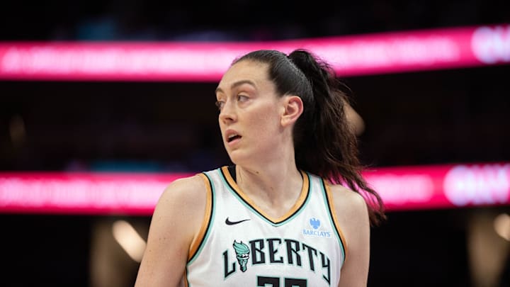 Jun 25, 2025; San Francisco, California, USA; New York Liberty forward Breanna Stewart (30) awaits the resumption of play against the Golden State Valkyries during the fourth quarter at Chase Center. Mandatory Credit: D. Ross Cameron-Imagn Images Jun 25, 2025; San Francisco, California, USA; New York Liberty forward Breanna Stewart (30) awaits the resumption of play against the Golden State Valkyries during the fourth quarter at Chase Center. Mandatory Credit: D. Ross Cameron-Imagn Images