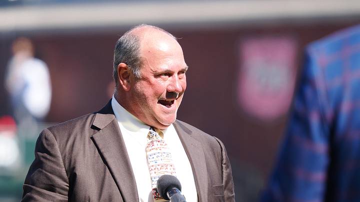 Aug 27, 2023; San Francisco, California, USA; Former San Francisco Giants player Will Clark gives a speech during a Wall of Fame induction ceremony before the game against the Atlanta Braves at Oracle Park. Mandatory Credit: Kelley L Cox-Imagn Images
