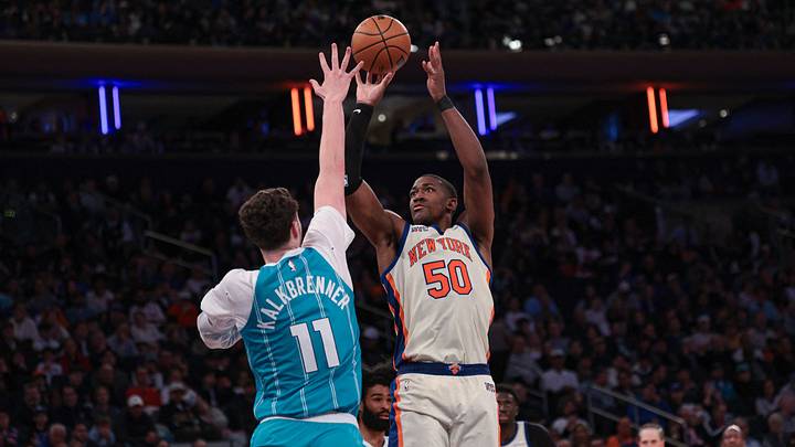 Apr 12, 2026; New York, New York, USA; New York Knicks forward Trey Jemison III (50) shoots the ball as Charlotte Hornets center Ryan Kalkbrenner (11) defends during the second half at Madison Square Garden. Mandatory Credit: Vincent Carchietta-Imagn Images Apr 12, 2026; New York, New York, USA; New York Knicks forward Trey Jemison III (50) shoots the ball as Charlotte Hornets center Ryan Kalkbrenner (11) defends during the second half at Madison Square Garden. Mandatory Credit: Vincent Carchietta-Imagn Images