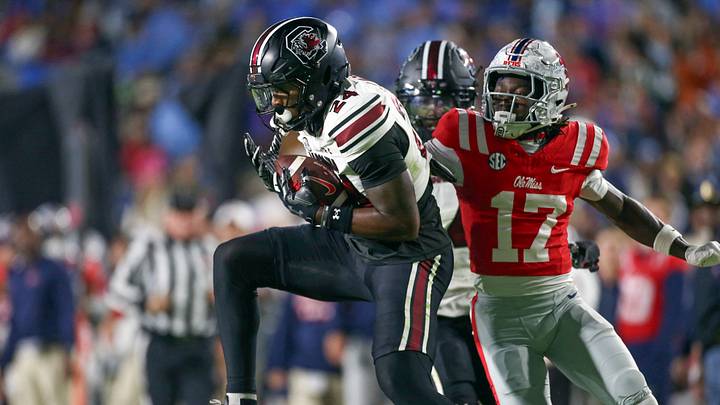 Nov 1, 2025; Oxford, Mississippi, USA; South Carolina Gamecocks defensive back Jalon Kilgore (24) intercepts a pass intended for Mississippi Rebels wide receiver Winston Watkins (17) during the second quarter at Vaught-Hemingway Stadium. Mandatory Credit: Petre Thomas-Imagn Images Nov 1, 2025; Oxford, Mississippi, USA; South Carolina Gamecocks defensive back Jalon Kilgore (24) intercepts a pass intended for Mississippi Rebels wide receiver Winston Watkins (17) during the second quarter at Vaught-Hemingway Stadium. Mandatory Credit: Petre Thomas-Imagn Images