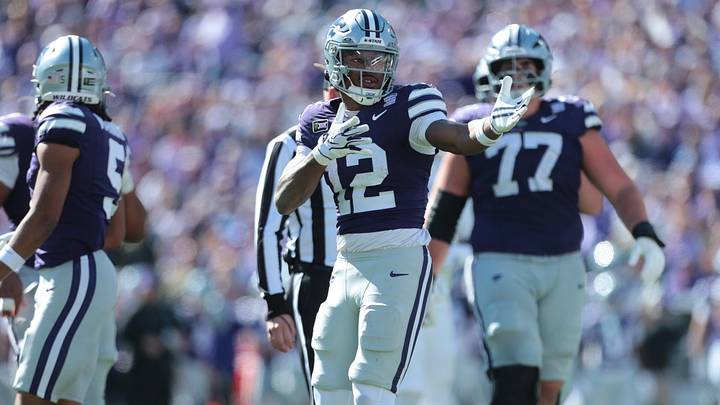 Kansas State Wildcats wide receiver Jaron Tibbs (12) celebrates gaining yards against Kansas Jayhawks during the Sunflower Showdown game at Bill Snyder Family Stadium in Manhattan, Kansas on Oct. 17, 2026. Kansas State Wildcats wide receiver Jaron Tibbs (12) celebrates gaining yards against Kansas Jayhawks during the Sunflower Showdown game at Bill Snyder Family Stadium in Manhattan, Kansas on Oct. 17, 2026.