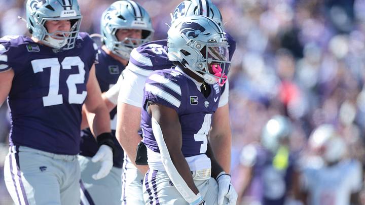 Kansas State Wildcats running back Joe Jackson (4) celebrates a touchdown against Kansas Jayhawks during the Sunflower Showdown game at Bill Snyder Family Stadium in Manhattan, Kansas on Oct. 17, 2026. Kansas State Wildcats running back Joe Jackson (4) celebrates a touchdown against Kansas Jayhawks during the Sunflower Showdown game at Bill Snyder Family Stadium in Manhattan, Kansas on Oct. 17, 2026.