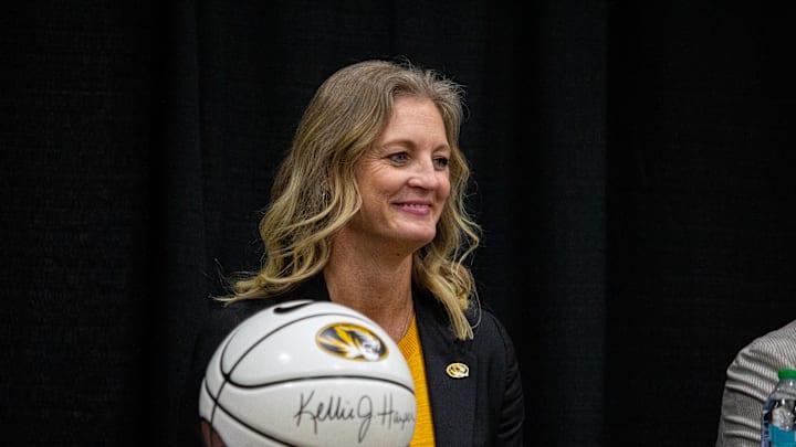 March 31, 2025; Columbia, Missouri, USA; Missouri Tigers women's basketball head coach Kellie Harper at her introductory press conference in the Mizzou Arena Practice Gym. March 31, 2025; Columbia, Missouri, USA; Missouri Tigers women's basketball head coach Kellie Harper at her introductory press conference in the Mizzou Arena Practice Gym.