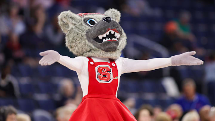 Mar 6, 2026; Duluth, GA, USA; North Carolina State Wolfpack mascot Ms. Wuf on the court against the Notre Dame Fighting Irish in the third quarter at Gas South Arena. Mandatory Credit: Brett Davis-Imagn Images