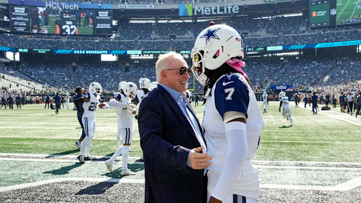 Dallas Cowboys owner Jerry Jones with cornerback Trevon Diggs on the field prior to a game against the New York Jets Dallas Cowboys owner Jerry Jones with cornerback Trevon Diggs on the field prior to a game against the New York Jets