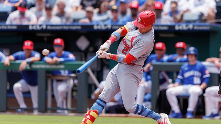 Jun 21, 2026; Kansas City, Missouri, USA; St. Louis Cardinals left fielder Lars Nootbaar (21) hits a doubles during the first inning against the Kansas City Royals at Kauffman Stadium. Mandatory Credit: William Purnell-Imagn Images Jun 21, 2026; Kansas City, Missouri, USA; St. Louis Cardinals left fielder Lars Nootbaar (21) hits a doubles during the first inning against the Kansas City Royals at Kauffman Stadium. Mandatory Credit: William Purnell-Imagn Images