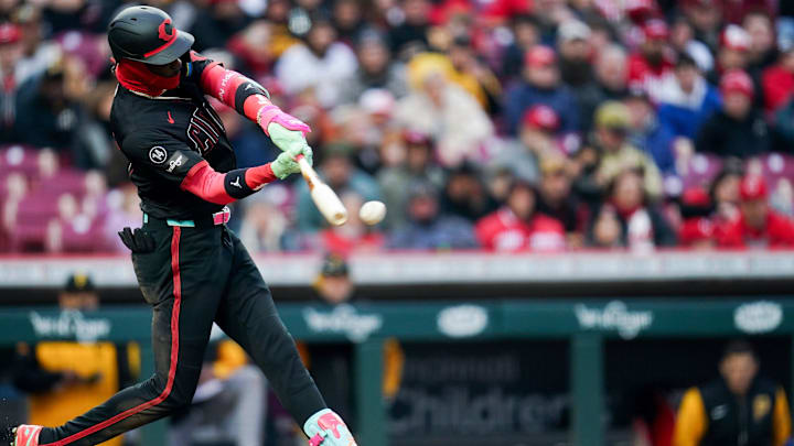 Apr 11, 2025; Cincinnati, Ohio, USA;   Cincinnati Reds shortstop Elly De La Cruz (44) hits the ball against the Pittsburgh Pirates in the third inning at Great American Ball Park. Mandatory Credit: Frank Bowen IV/USA TODAY Network via Imagn Images