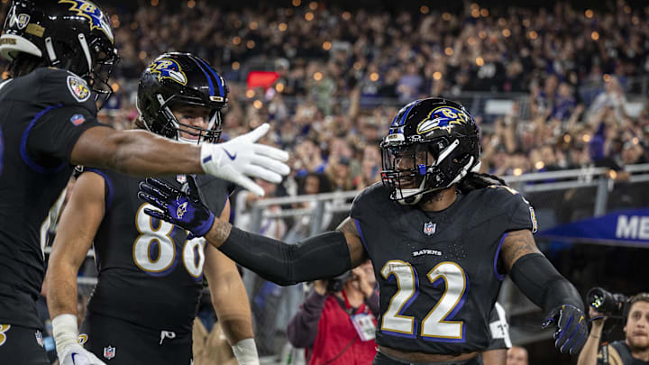 Sep 29, 2024; Baltimore, Maryland, USA; Baltimore Ravens running back Derrick Henry (22) celebrates with teammates after scoring during the second quarter against the Buffalo Bills at M&T Bank Stadium. Mandatory Credit: Tommy Gilligan-Imagn Images Sep 29, 2024; Baltimore, Maryland, USA; Baltimore Ravens running back Derrick Henry (22) celebrates with teammates after scoring during the second quarter against the Buffalo Bills at M&T Bank Stadium. Mandatory Credit: Tommy Gilligan-Imagn Images