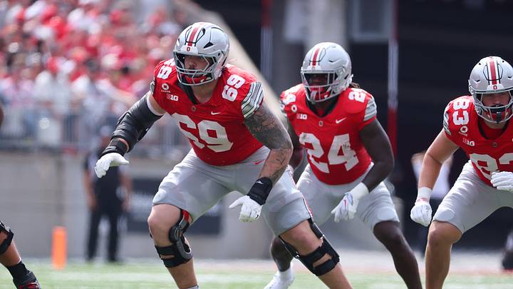Sep 19, 2026; Columbus, Ohio, USA; Ohio State Buckeyes offensive lineman Ian Moore (69) blocks during the second quarter against the Kent State Golden Flashes at Ohio Stadium. Mandatory Credit: Joseph Maiorana-Imagn Images Sep 19, 2026; Columbus, Ohio, USA; Ohio State Buckeyes offensive lineman Ian Moore (69) blocks during the second quarter against the Kent State Golden Flashes at Ohio Stadium. Mandatory Credit: Joseph Maiorana-Imagn Images