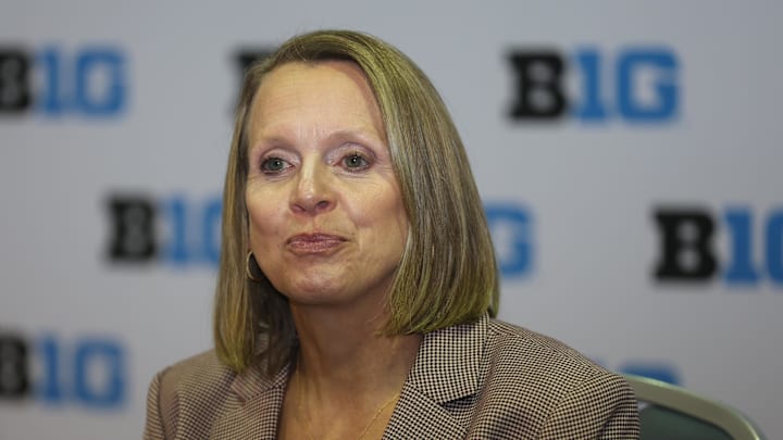 Oct 8, 2025; Rosemont, Illinois, USA; Minnesota head coach Dawn Plitzuweit speaks during Big Ten Women’s Basketball Media Days at the Donald E. Stephens Convention Center. Mandatory Credit: Talia Sprague-Imagn Images