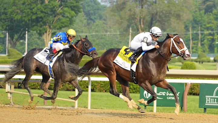Jun 7, 2025; Saratoga, NY, USA; Patch Adams (4) with Luis Saez up leads Madaket Road (2) with John R. Velazquez up down the front stretch to win Race 11 - the Woody Stephens Stakes Presented by Mohegan Sun at Saratoga Race Course. Jun 7, 2025; Saratoga, NY, USA; Patch Adams (4) with Luis Saez up leads Madaket Road (2) with John R. Velazquez up down the front stretch to win Race 11 - the Woody Stephens Stakes Presented by Mohegan Sun at Saratoga Race Course.