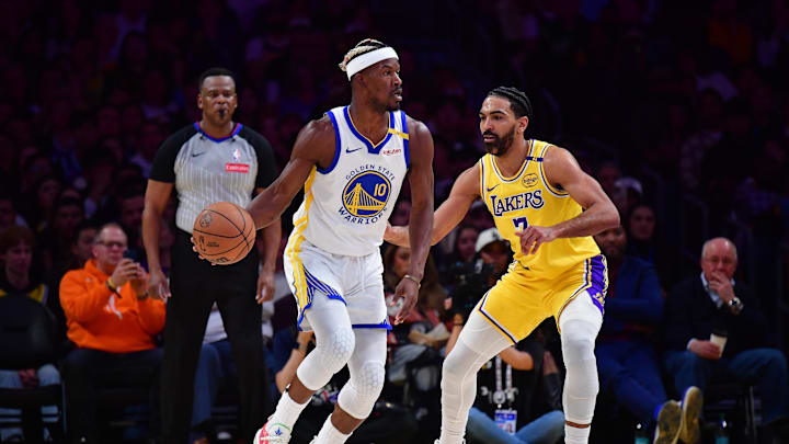 Apr 3, 2025; Los Angeles, California, USA; Golden State Warriors forward Jimmy Butler III (10) controls the ball against Los Angeles Lakers guard Gabe Vincent (7) during the first half at Crypto.com Arena. Mandatory Credit: Gary A. Vasquez-Imagn Images Apr 3, 2025; Los Angeles, California, USA; Golden State Warriors forward Jimmy Butler III (10) controls the ball against Los Angeles Lakers guard Gabe Vincent (7) during the first half at Crypto.com Arena. Mandatory Credit: Gary A. Vasquez-Imagn Images