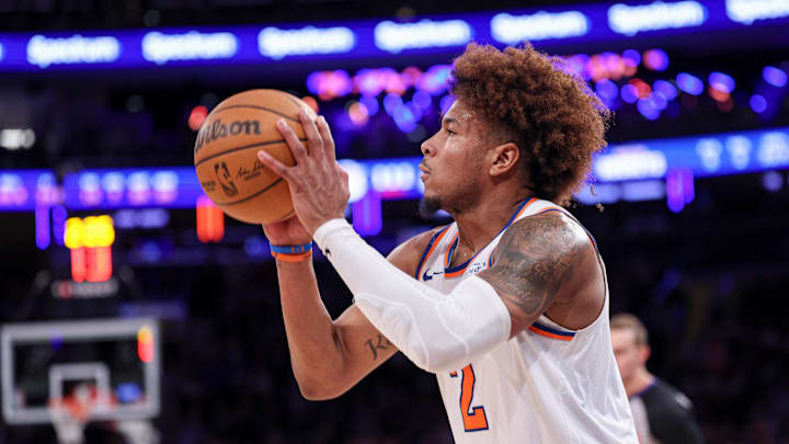 Feb 3, 2025; New York, New York, USA; New York Knicks guard Miles McBride (2) shoots the ball during the second half against the Houston Rockets at Madison Square Garden. Mandatory Credit: Vincent Carchietta-Imagn Images